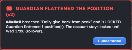 Axiom Guardian popup alert after flattening a position and locking the account until rollover