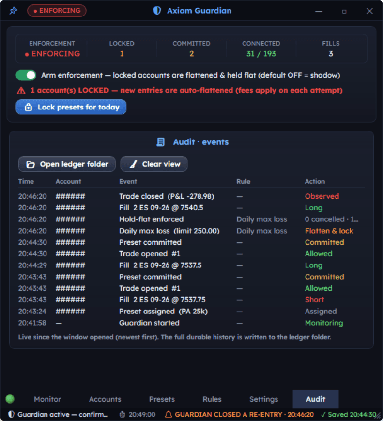 Axiom Guardian audit tab listing fills, rule triggers, and enforcement actions newest first