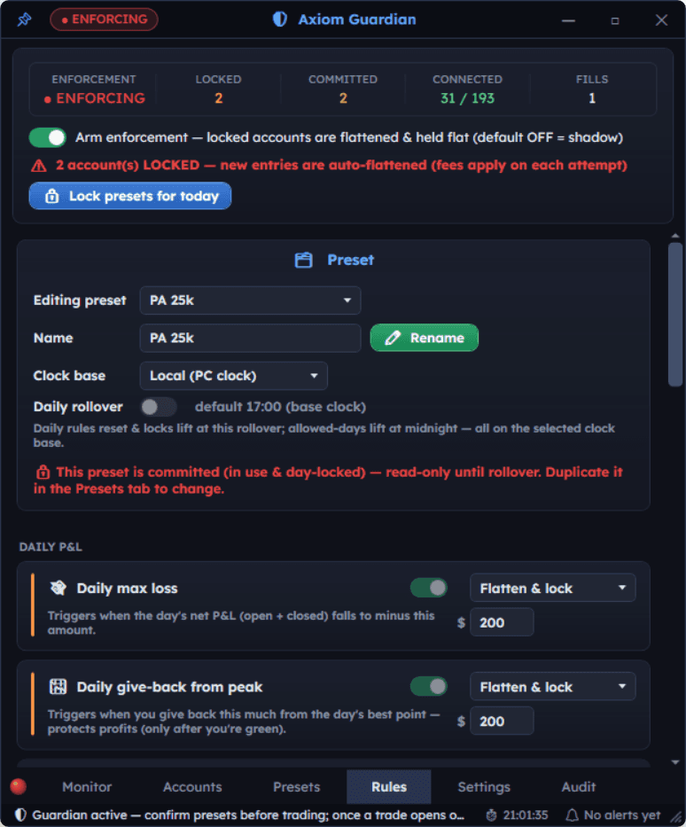 Axiom Guardian rules tab with the preset editor and daily P&L rules set to flatten and lock