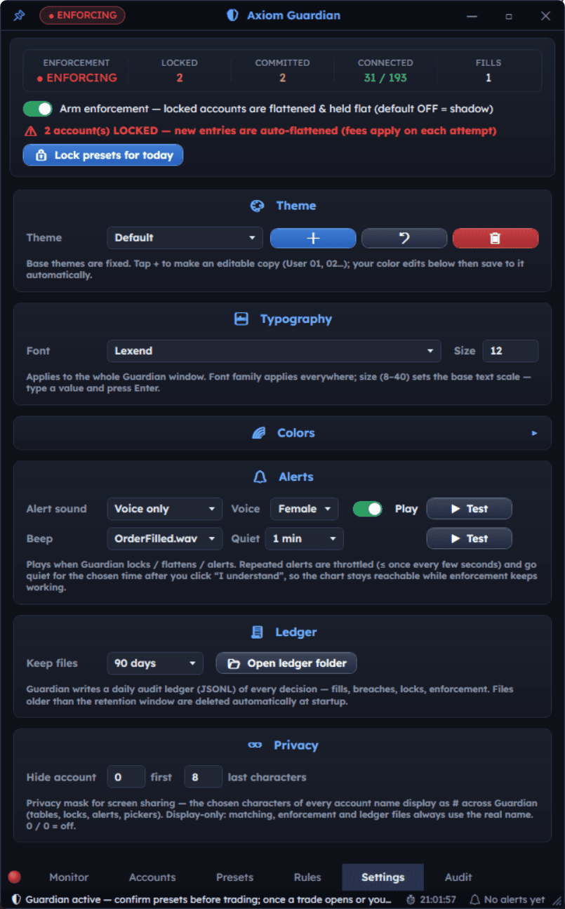 Axiom Guardian settings tab with alert sounds, audit ledger retention, theme, and privacy masking