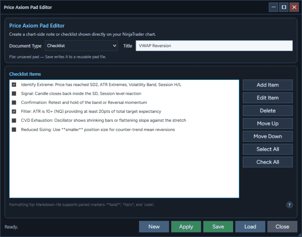 Axiom Pad editor with checklist actions and live note preview