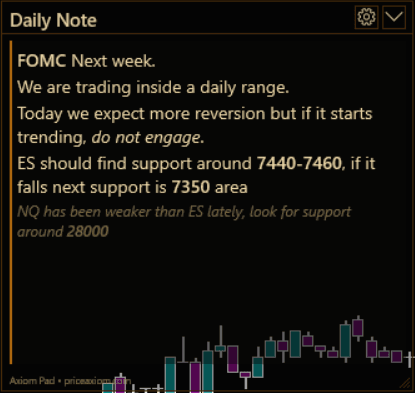 Axiom Pad in note mode showing markdown-lite formatted trading notes