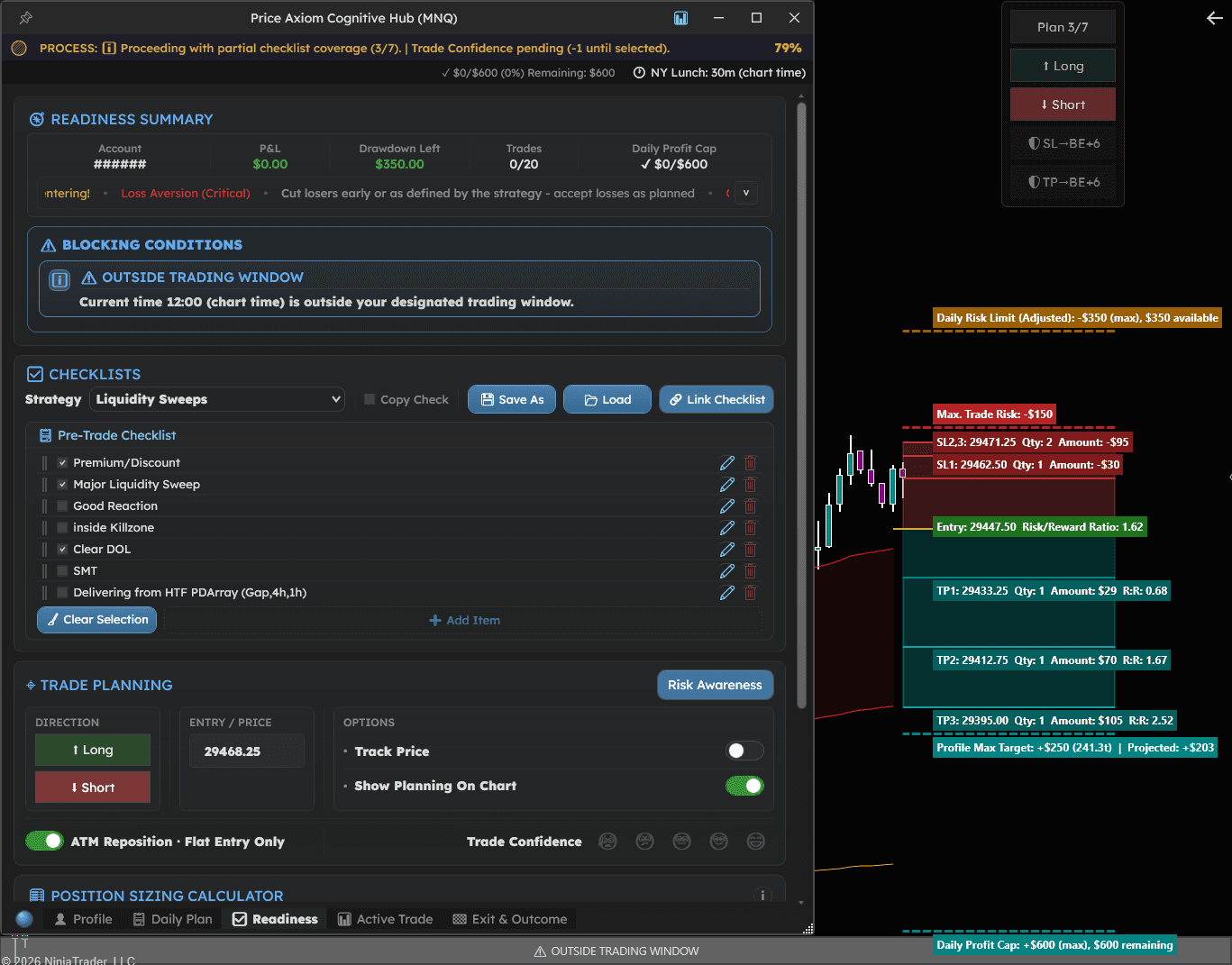 Readiness view with pre-trade checklist and trade planning