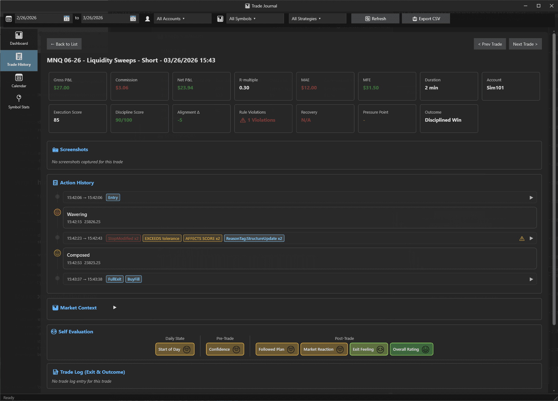 Trade History detail view with action timeline